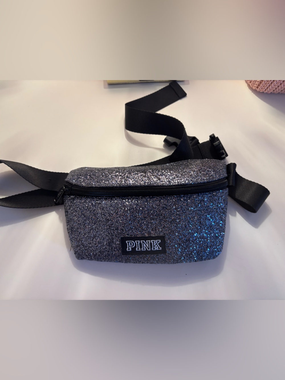 Victoria's Secret PINK Black Silver Glitter Belt Bag Limited Edition
